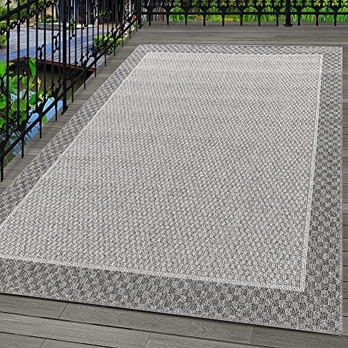 Carpetsale24 In- & Outdoor Teppich 200x290 cm, Wetterfest & Robust, Flachgewebe mit Modernem Bordüren-Design in Grau & Creme, Rechteckig für Terrasse, Balkon, Küche, Bad & Wohnzimmer