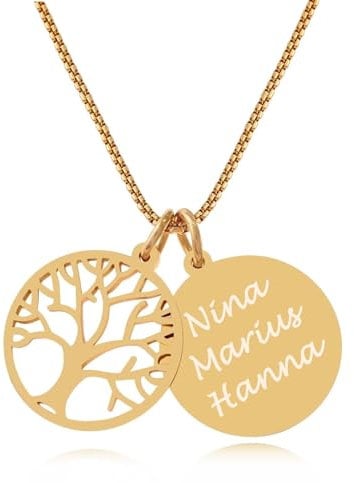 TIMANDO Damen Lebensbaum Kette Namenskette Baum des Lebens Anhänger Personalisierte Halskette mit Gravur Familienkette goldfarben