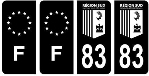 HADEXIA Nummernschild-Aufkleber, französisches Departement 83, Var Region Süd, Schwarz und F, Frankreich, 4 Stück