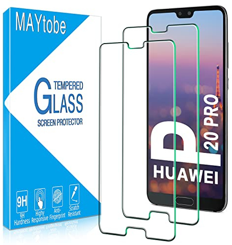 MAYtobe [Paquete de 2] Protector de pantalla para Huawei P20 Pro de vidrio templado, antiarañazos, borde redondo 2.5D, dureza 9H, sin burbujas, fácil de instalar, transparente HD