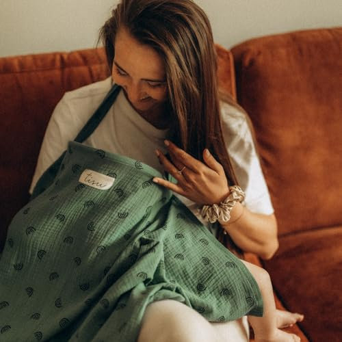 Nursing Cover for Baby Breastfeeding & Pumping | Multi Use Car Seat Stroller Cover | Breathable Soft Organic Muslin Cotton | Breast Feeding Apron & Shawl | Pastel Colors by TISU (Dusty Green Rainbow)