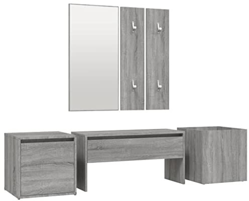 vidaXL Hallway Furniture Set - Grey Sonoma Engineered Wood Bench, Coat Rack, Mirror, Drawer Box, Planter Box - Multi-functional Hallway Solution
