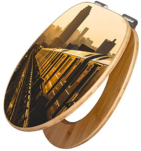 banjado® Design WC Sitz Bambus Absenkautomatik mit Motiv U-Bahn New York/Toilettendeckel mit Absenkautomatik Holz/hochwertiger Bambus Klodeckel/WC-Sitz für alle gängigen Toiletten