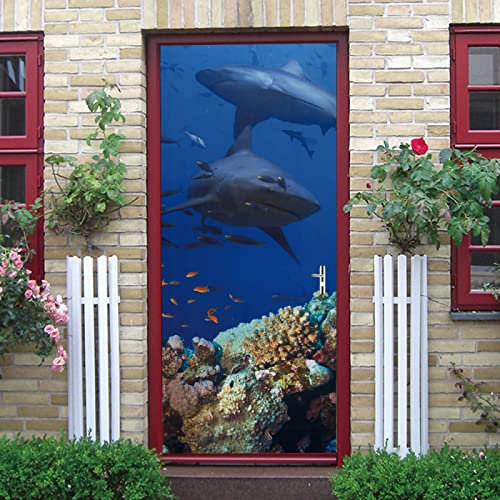 Autocollants De Porte Trompe L'Oeil 3D 77X200cm Amovible Stickers Porte Requin Corail Sous-Marin Créatives Papier Peint PVC Auto-Adhésif Chambre Cuisine Salle De Bain Poster Stickers Muraux