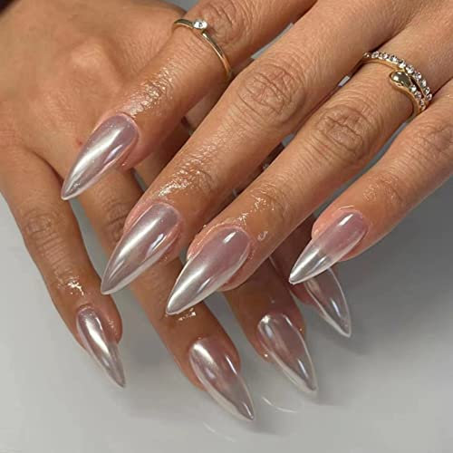 JUSTOTRY 24 Pcs Chrome Short False Nails Stiletto,Shell Press on Nails Pattern,Silvery French Fake Nail Short,Almond Medium Stick on Nail for Women,Nails Fake Nail for Nail Art