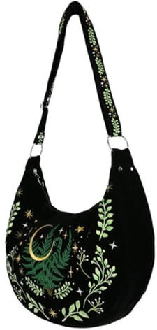 RE Style Kräutertasche Hobo Halbmond Sterne Farnblatt Hexe Gothic bestickt, Schwarz