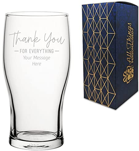 Personalised Engraved Pint Glass with Thank You for Everything Design, Personalise with Any Message, Gift Box Included, Laser Engraved, Thank You Gratitude Retirement Teacher Gift