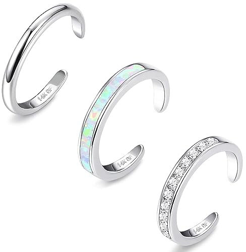 Diamday 3PCS 14K Gold Filled Toe Rings for Women Adjustable Open Toe Ring Set Finger Ring Joint Ring Cute Opal CZ Daisy Flower Simple Toe Rings Tail Band Rings Beach Summer Foot Jewelry Silver Gold B