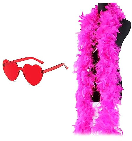 AWAVM Hot Pink Federboas, 200 cm rosa Boa für Damen, Federboa und Herzbrille für Tanzen, Hochzeit, Party, Cosplay, Halloween, mit Herz-Sonnenbrille