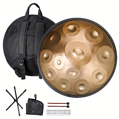 9/10/12 Note 22-zoll-stahl-handtrommel, Handpan-drum-instrument,mit Weicher Handpan-tasche, 2 Handpan-schlägern, Handpan-ständer, Staubfreies Tuch 9Noten yellow