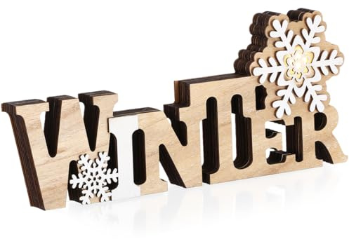 BESPORTBLE Panneau de Noël en bois LED flocon de neige - Mots d'hiver - Décoration de table d'hiver - Plaque de Noël autonome en bois pour table de Noël - Fête à la maison