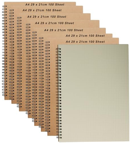 ZOENHOU 8 Pack A4 Grid Notebook, Kraft Cover Graph Paper A4 Pad 5mm Square Pages, 200 Pages/100 Sheets Spiral Bound Grid Notebook, Squared a4 Wirebound Journal Bulk, 8.2 x 11.4 Inch