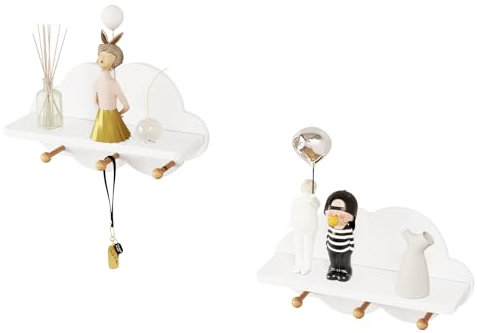 WOLTU 2er Set Wolkenregal, Kinder Garderobenhaken, Wandregal mit Haken, Hängeregal, Schweberegal weiß, schwebendes Regal für Kinderzimmer, Wanddeko, 36x12x20,5 cm