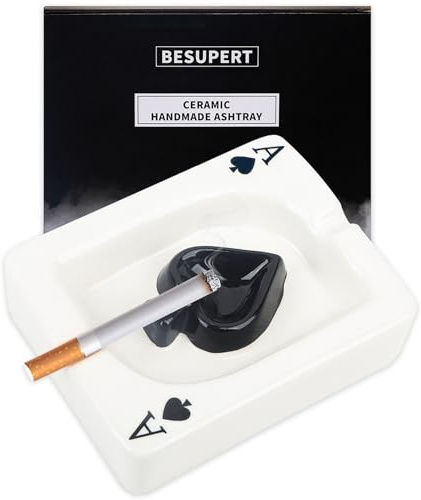 Ashtray, Decorative Ceramic Poker Ash Tray for Cigarettes and Cigar Smokers, Cute and Funny Handmade Decoration for Home Decor, Tabletop Fantasy Gift for Indoor Outdoor Home Patio Use(Ace of Spades)