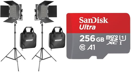NEEWER 660 LED Videolicht Panel 2 Set mit Stativ: 2 Bi Farbe CRI96+ LED Videoleuchte Fotolicht & SanDisk Ultra Android microSDXC UHS-I Speicherkarte 256 GB + Adapter Für Smartphones und Tablets