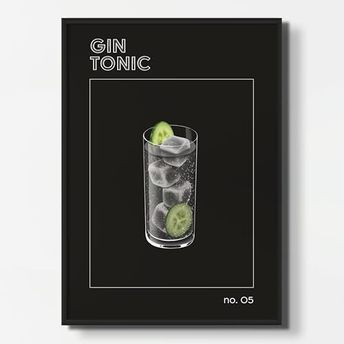 NEUBACH HOME - Cocktail Poster Gin Tonic DIN A2 - Wandbilder für Schlafzimmer Wohnzimmer Küche als Deko Zubehör - schwarz modern aesthetic - MIT Bilderrahmen