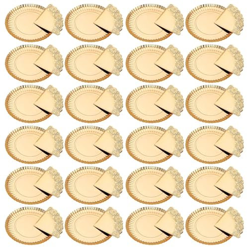 Acan Tradineur - Pack de 24 bandejas Redondas de cartón con blonda, Fuente reciclable para Pasteles con Encaje de Papel, decoración de Fiestas, presentación de postres (Dorado - Ø 38 cm)