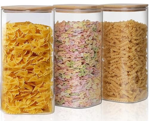 1500ml Glass Jars with Bamboo Lids, Clear Airtight Food Storage Container Jar with Sealing Lid, Canister Set for Pasta Flour Cereal Rice Sugar Tea Coffee Beans, Set of 3