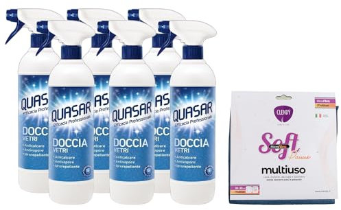 QUASAR SET: 6x Quasar Detergente Spray DOCCIA VETRI. Anticalcare, Antipolvere, Idrorepellente. Scudo Antisporco, Pulito Più a Lungo 580ml + Panno Soft Microfibra Multiuso, Formato 33x33