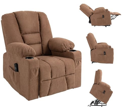 HOMCOM Oversized Riser and Recliner Chairs for the Elderly, Fabric Upholstered Lift Chair for Living Room with Remote Control, Side Pockets, Cup Holder, Brown