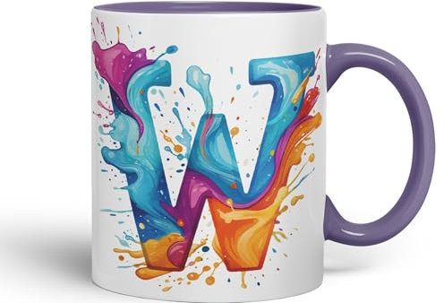 Vixar Letter W Mug, Alphabet Letter W Monogram Watercolour Ceramic Coloured Mug Cup for Tea Coffee Hot Brew 330ml 11Oz Gift (Purple)