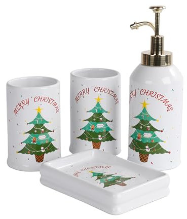 Santentre Weihnachten Badezimmer Set 4 Teile - Seifenspender, Zahnbürstenhalter, Becher, Seifenschale, Weihnachtsmann Schneemann Keramik Zahnputzbecher Set, Arbeitsplatten-Wohndekor, Weihnachtsbaum