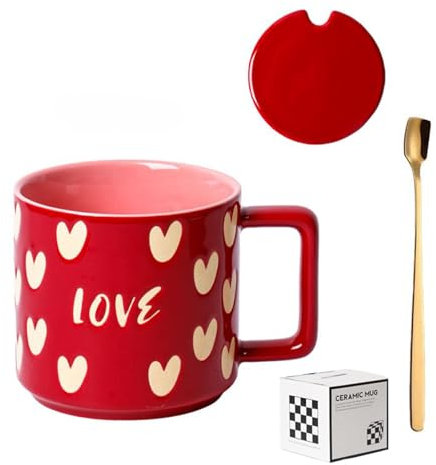 Jarsense Ceramic Mugs 400ml Mugs Mugs with Lid and Spoon Love Heart Pattern Mugs for Breakfast Oatmeal Milk Tea Coffee (Red)