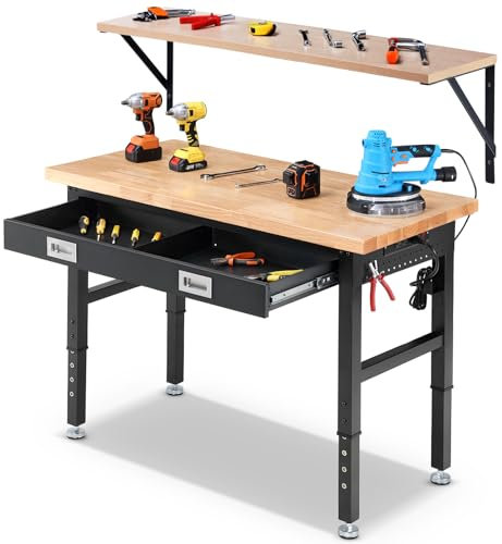 ENJOYWOOD Work Bench with Storage Adjustable Workbenches with Drawers for Garage 48 Inch Rubber Wood Top Garage Workbench with Shelf Bracket,Power Outlets for Woodworking, Home, Office, Workshop