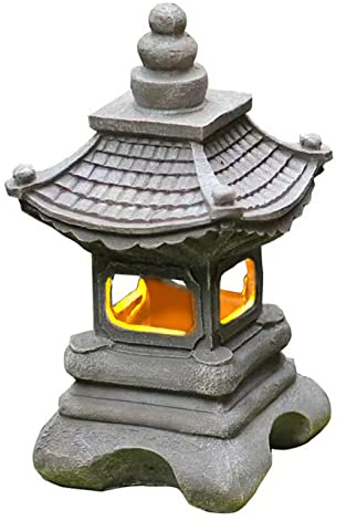 Jorzer Lanterne japonaise en pierre - Lampe de jardin à énergie solaire - Lanterne pagode tour - Ornements décoratifs de jardin, cour, artefact en résine - Lampe solaire pour la maison