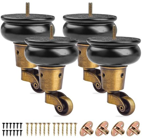 Btowin VCF 10cm Holz Möbelfüße mit Lenkrollen, 4er Set Massivholz Spindel Tischbeine Möbelbeine mit Rollen & vorgebohrten M8 Bolzen & Montageplatten für Schrank Sofa Ottomane Liegestuhl Sessel
