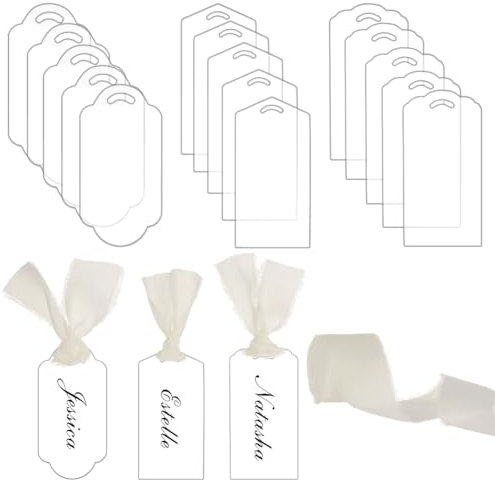 AHANDMAKER Lot de 24 marque-places vierges en acrylique transparent avec ruban, 3 styles, panneaux réservés de mariage, étiquettes à suspendre pour mariage, dîner, fête, paramètres de table, noms