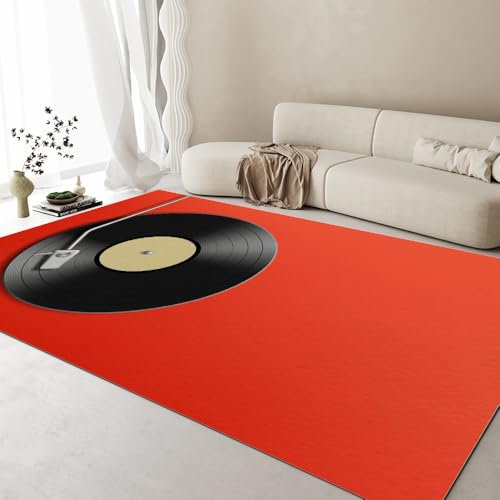 DUCAPE Retro Schwarz Rot Musik-Schallplatte Carpet, 160 x 230cm 70Er80Er Musik-Cd Teppich Schlafzimmer Druck Dekoration Wohnzimmer rutschfest Waschbar - Weiche Mikrofaser Teppich