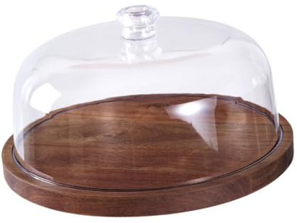 SiaBiced Bandeja de madera para pastel, soporte decorativo inastillable con tapa transparente, bandeja de mesa para frutas secas, plato para servir para Cocina, Base Plana