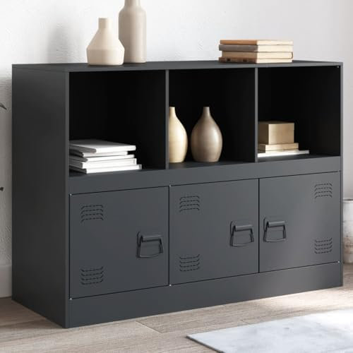 Metallschrank Wohnzimmerschrank Aktenschrank Werkstattschrank mit 3 Türen und 3 offenen Fächern, Mehrzweckschrank Metall Sideboard für Wohnzimmer, Anthrazit 99x39x73 cm