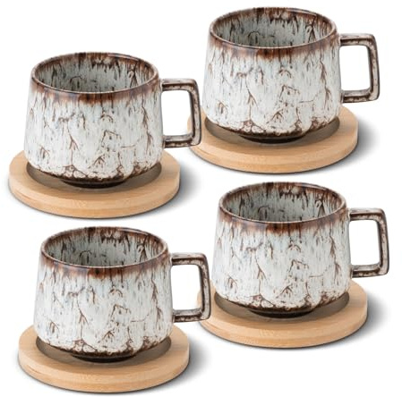 4 Stück Espressotassen Set, 190ml Cappuccino Tassen mit Holzuntertassen,Kaffeetassen mit Untertassen Set,Tassen aus Steingut für Kaffee,Americano,Latte,Café, Mocha und Tee(4, Beige)