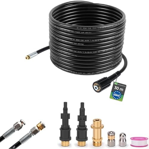 Set di tubi per la pulizia dei tubi, 30 m, 180 bar, inclusi 3 adattatori, 2 ugelli rigidi + rotanti, compatibili con idropulitrici Karcher K2, K3, K4, K5, K6, K7, Lavori, Bosch, set universale per la