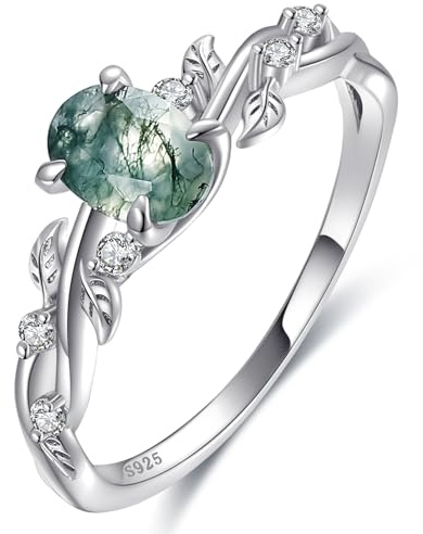 Bonlavie Moss Agate Rings for Women Engagement Wedding Rings 925 Sterling Silver Cubic Zirconia Ring Jewelry Gift for Her Size J 1/2-S