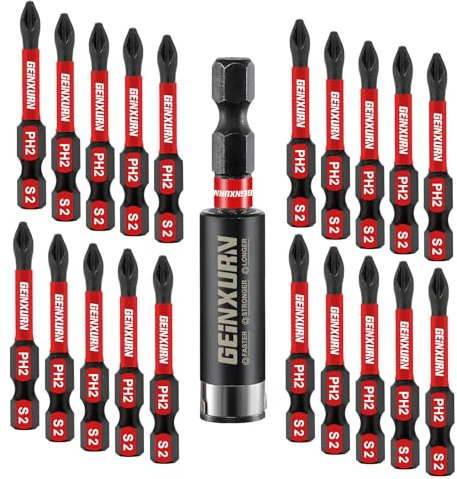 Geinxurn 20Stück Bits Set #2 Phillips 50mm PH2 Kreuzschlitz Anti-Rutsch Schrauber Bit, 1 Stück 60mm Magnetische Bit-Halter, S2 Legierter Stahl 1/4 Zoll Sechskantschaft Schraubendreher Bits Set