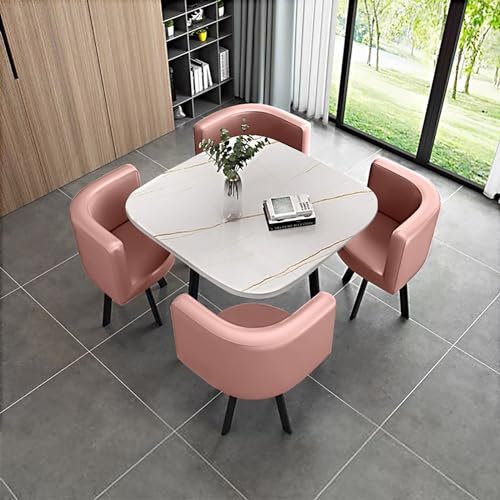 Ensemble de 4 pièces en marbre avec table basse et chaises, table basse et chaises pour bureau, salon et balcon, salle à manger carrée en cuir rose