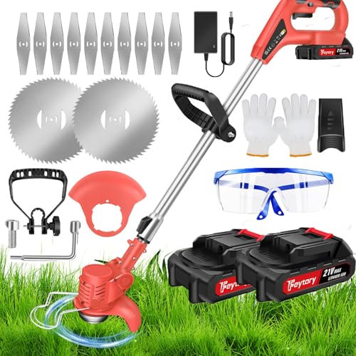 21V Cordless Strimmer, Telescopic Lightweight Grass Trimmer with 10xMetal Blades, 2 x 1500mAh Battery, Electric Garden Strimmer Grass Cutter for Lawn Edger Pruning Weed
