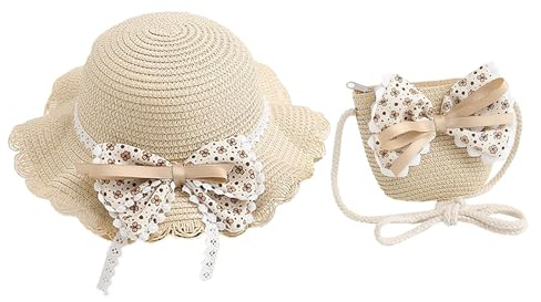 FakeFace Ensemble Chapeau de Paille Fille et Petit Sac en Paille Chapeaux de Paille Fille avec Décoration Noeud de Papillon Capeline en Paille pour Enfant 3-7 Ans pour Plage Voyage Randonée