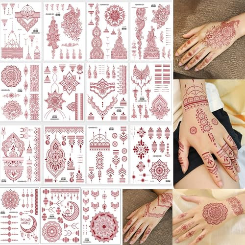 15 Blätter Henna Tattoo Set, Temporäre Tattoos Frauen, Wasserfeste Indian Red Tattoo Sticker