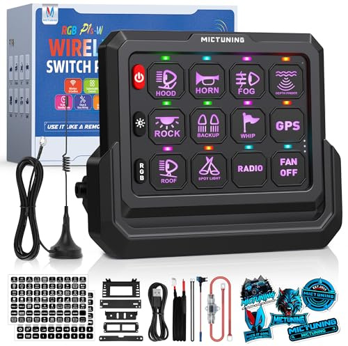 MICTUNING P1s-W - Panel de interruptor inalámbrico RGB de 12 bandas, rango de control remoto de 12 V, hasta 328 pies, Plug and Play, multifunción, interruptor estroboscópico momentáneo, 80 A, caja de