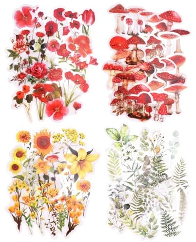 Qaixwuyi 160 Stück Blumen Scrapbooking Aufkleber Transparente Dekorative Aufkleber Vintage Blumen Pflanze Pilz Thema Stickers für Scrapbooking Geschenke Bastelarbeiten Fotoalbum