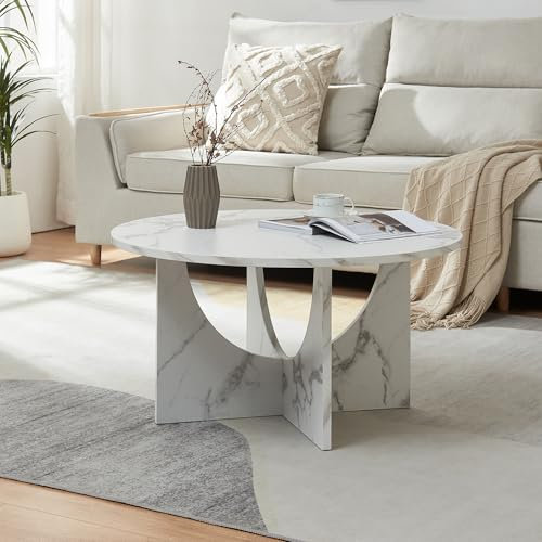 [en.casa] Table Basse de Salon avec Plateau Rond Table d'Appoint Style Intemporel Bout de Canapé pour Salle de Séjour Chambre Bureau Panneau de Particules 80 x 42 cm Effet Marbre Blanc