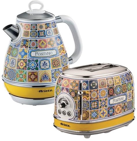 Ariete Positano Jug Kettle & 2 Slice Toaster Set, Italian Tile Design, Vintage-Inspired Breakfast Set