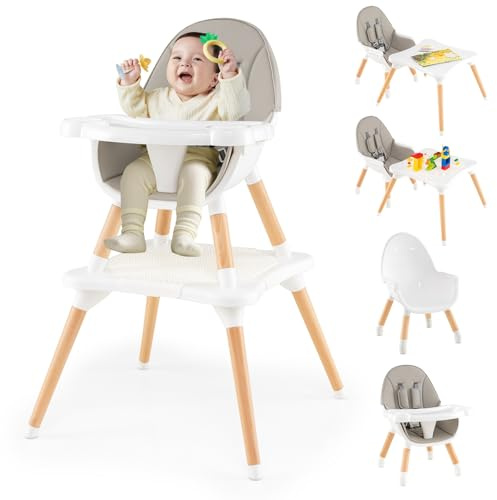 COSTWAY 6 en 1 Chaise Haute Bébé Evolutive, Table en Blocs Convertible, Harnais à 5 Points, Plateau Réglable Amovible, Chaise Haute Bebe en Bois, pour 6-36 Mois, Charge 15 kg, Gris