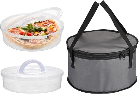 BSTKEY 2 Pack Food Storage Containers with 1 Insulated Food Carrying Case Bag, Round Clear Pie Carrier Pizza Storage Box Reusable Cheesecake Organizer with Lid