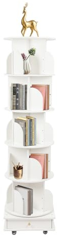 unkonwcy Drehbares BüCherregal Kinder BüCherregale Drehbar Rund Eckregal Boden Stehendes Lagerregal Multifunktionales Display-Organisationsmittel FüR Haus BüRo 360° 5Etage Regal 173Cm (Weiß)