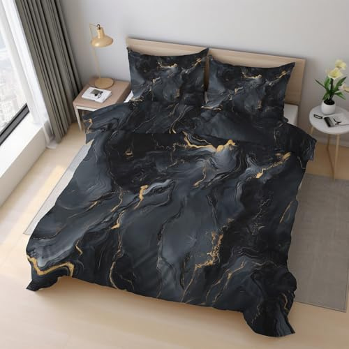 Generisch Bettwäsche 135x200cm Schwarz Gold Marmor 2-Teilig, Bettbezug Treibsand Soft Angenehm Bettwäsche-Sets Mikrofaser, mit Reißverschluss + 1 Kissenbezüge K&20